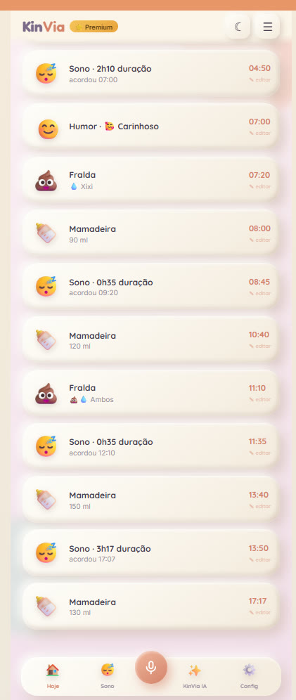 Linha do tempo do dia no app Kinvia